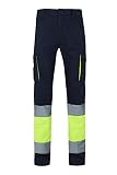Velilla 303007; pantalón de Alta Visibilidad 100% algodón, bicolor y multibolsillos; color azul navy y amarillo flúor, talla L