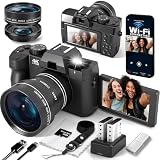 Cámara digital 4K para fotografía con WiFi, cámara de vlogging para YouTube, autoenfoque, cámara digital compacta con pantalla abatible, con 2 baterías, lente ancha y macro, tarjeta microSD, lector de